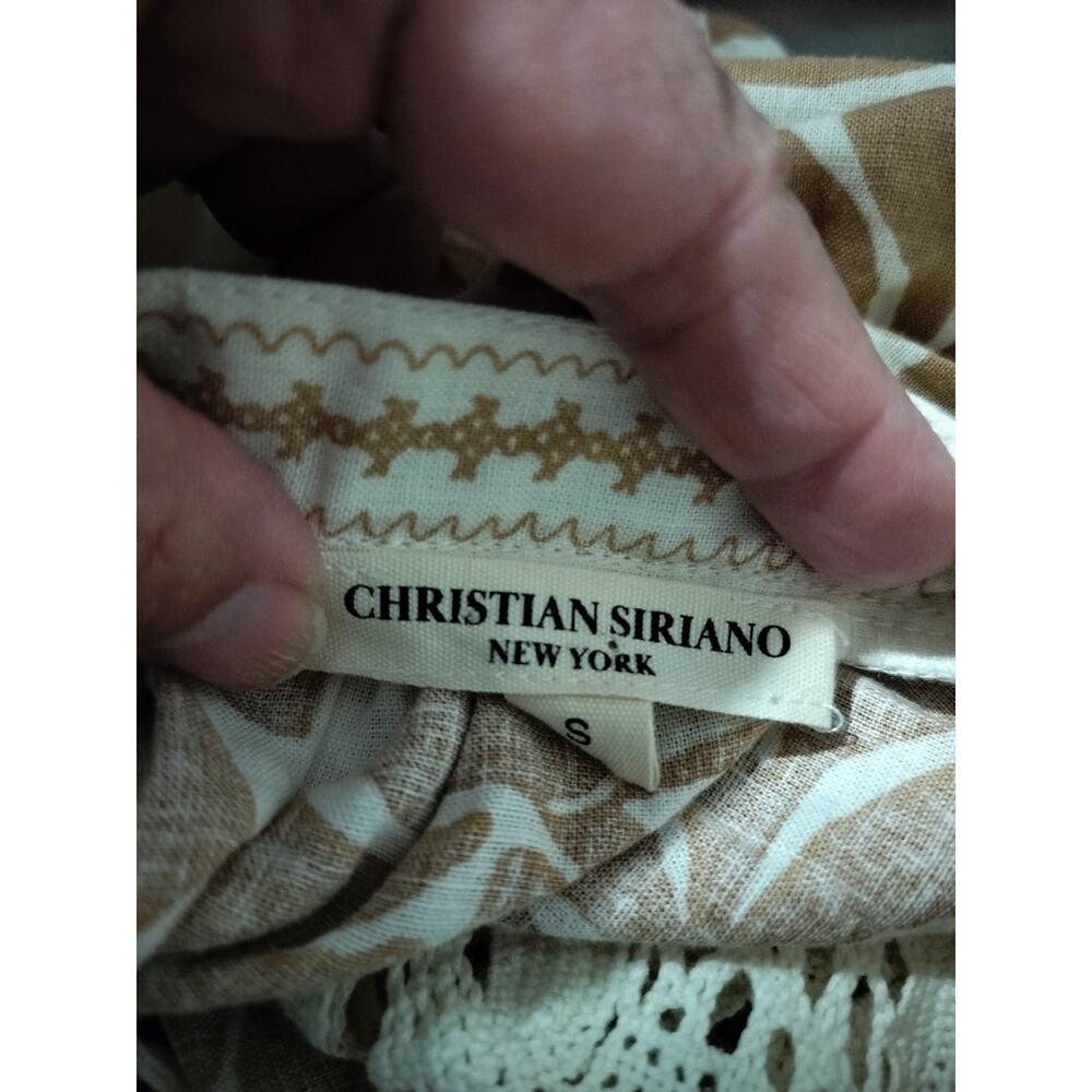 6057)Christian Siriano NY Linen Blend Peasant Boho Floral Tan  Crop Blouse Small - Picture 6 of 7